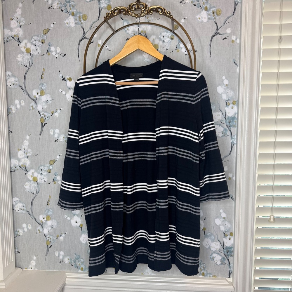 J. Jill Wearever Black Striped Open Front Cardigan Rayon Lycra‎ Knit Large